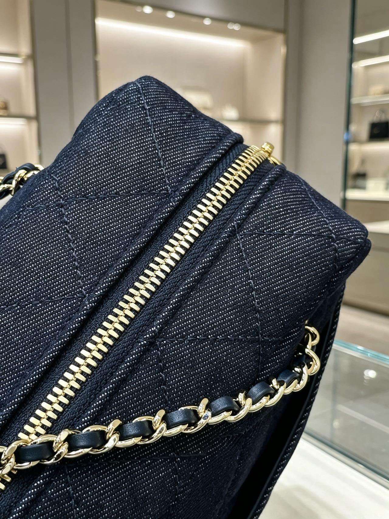 Chanel 2026 Double-chain Bowling Bag 33cm Blue Denim Leather