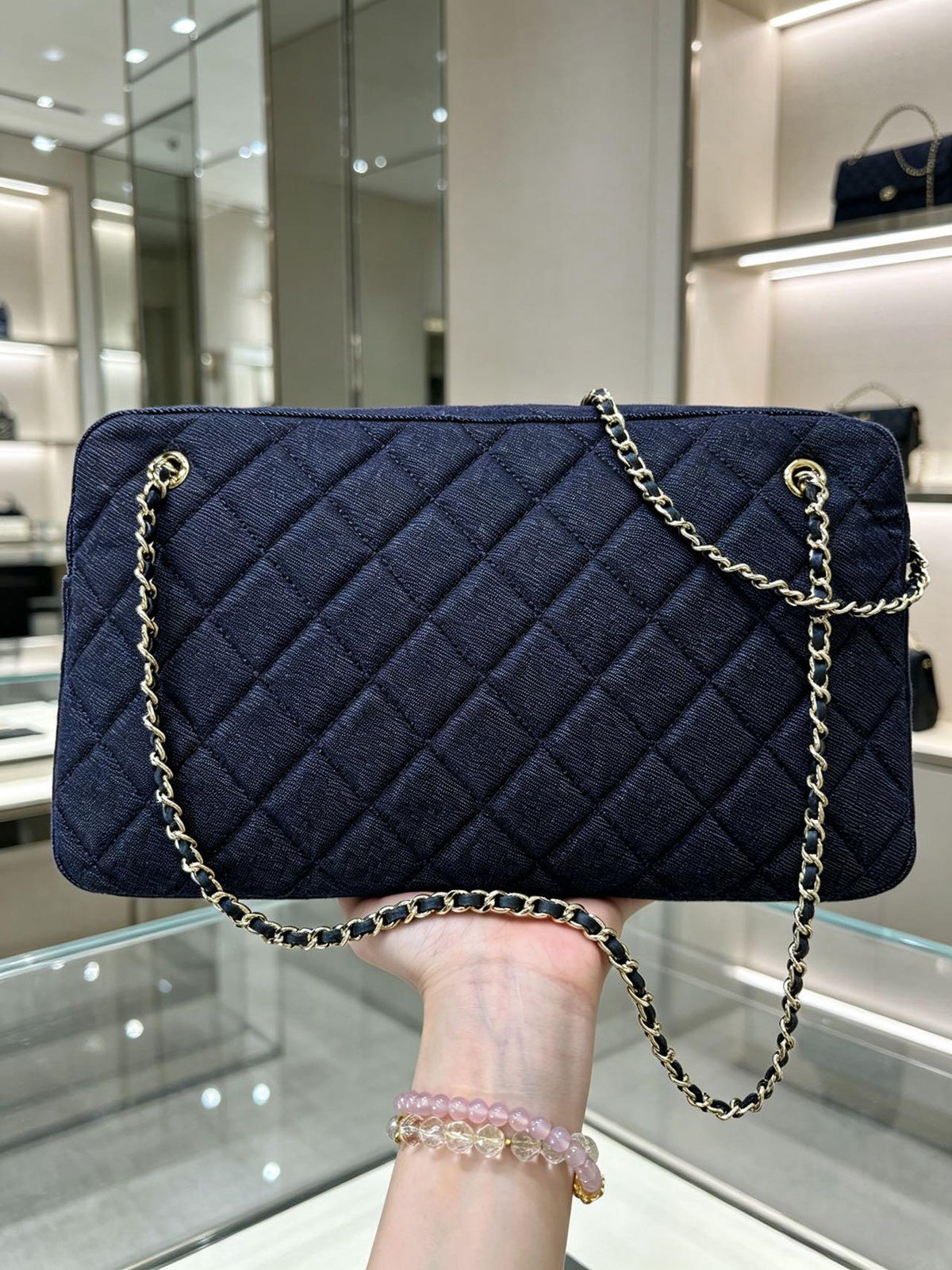 Chanel 2026 Double-chain Bowling Bag 33cm Blue Denim Leather