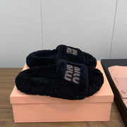 Miu Slippers Black With Brown Text Pure Wool