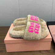 Miu slippers Light Brown With Pink Lettering Pure Wool