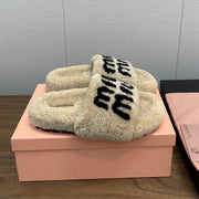 Miu slippers Beige With Black Lettering Pure Wool