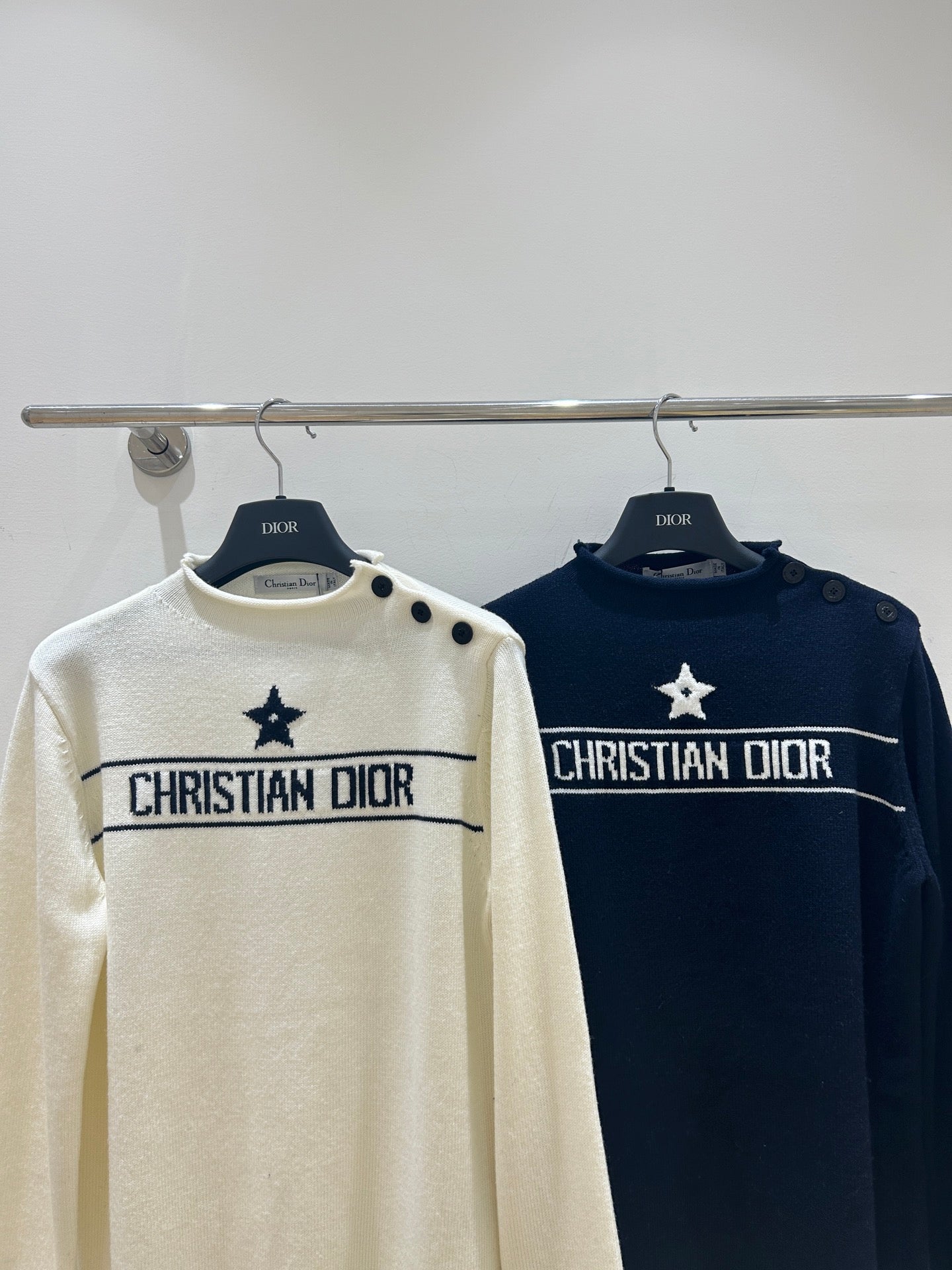 Dior 2025 Knit Sweater With Shoulder Button White and Navy Blue Wool