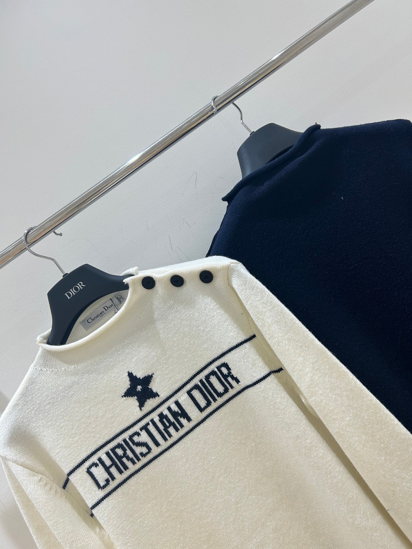 Dior 2025 Knit Sweater With Shoulder Button White and Navy Blue Wool