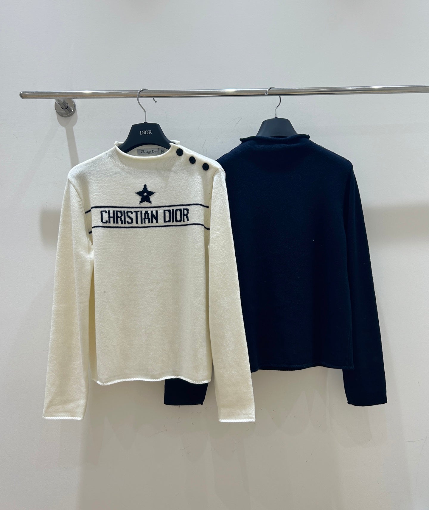 Dior 2025 Knit Sweater With Shoulder Button White and Navy Blue Wool