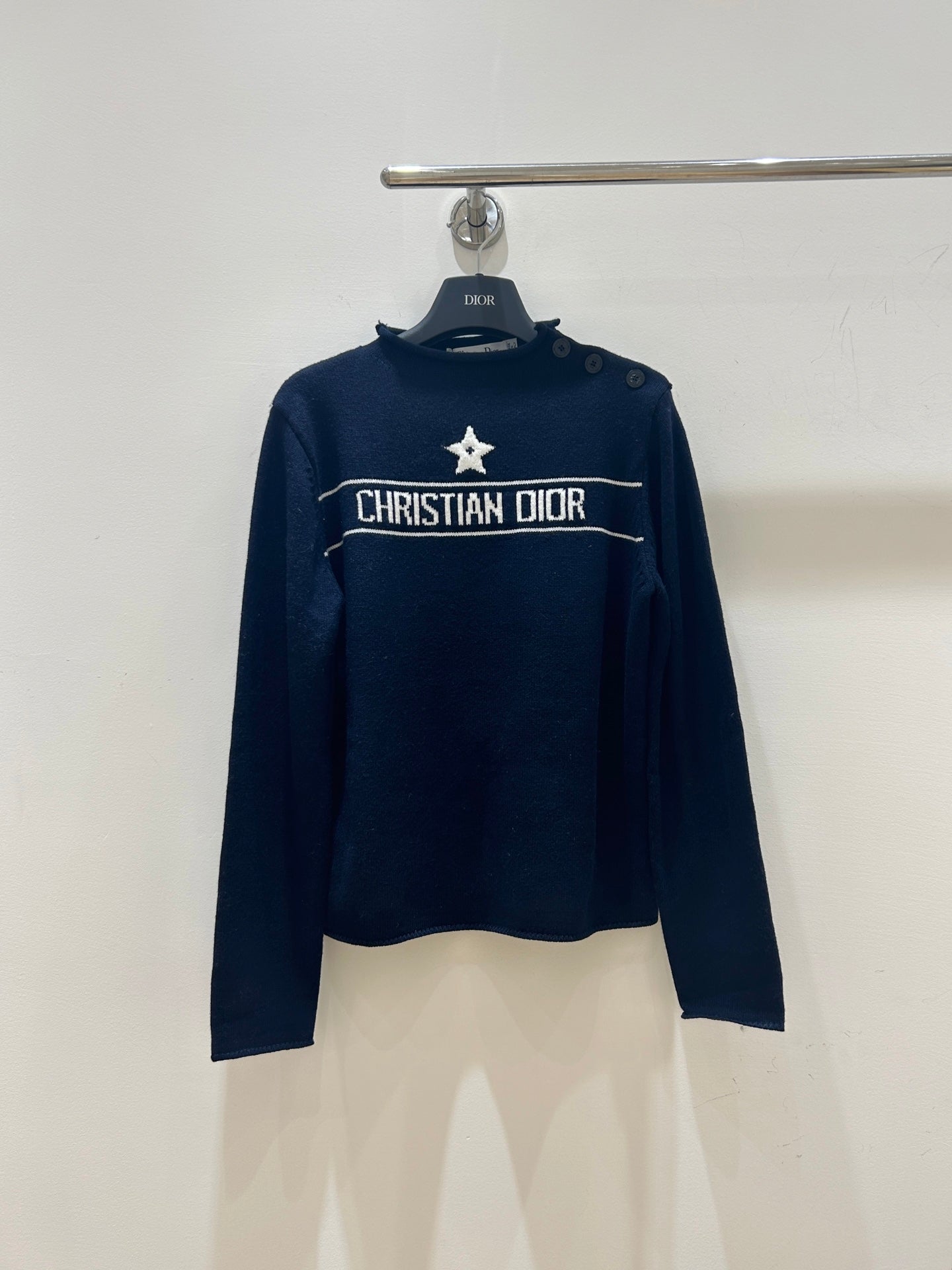 Dior 2025 Knit Sweater With Shoulder Button White and Navy Blue Wool
