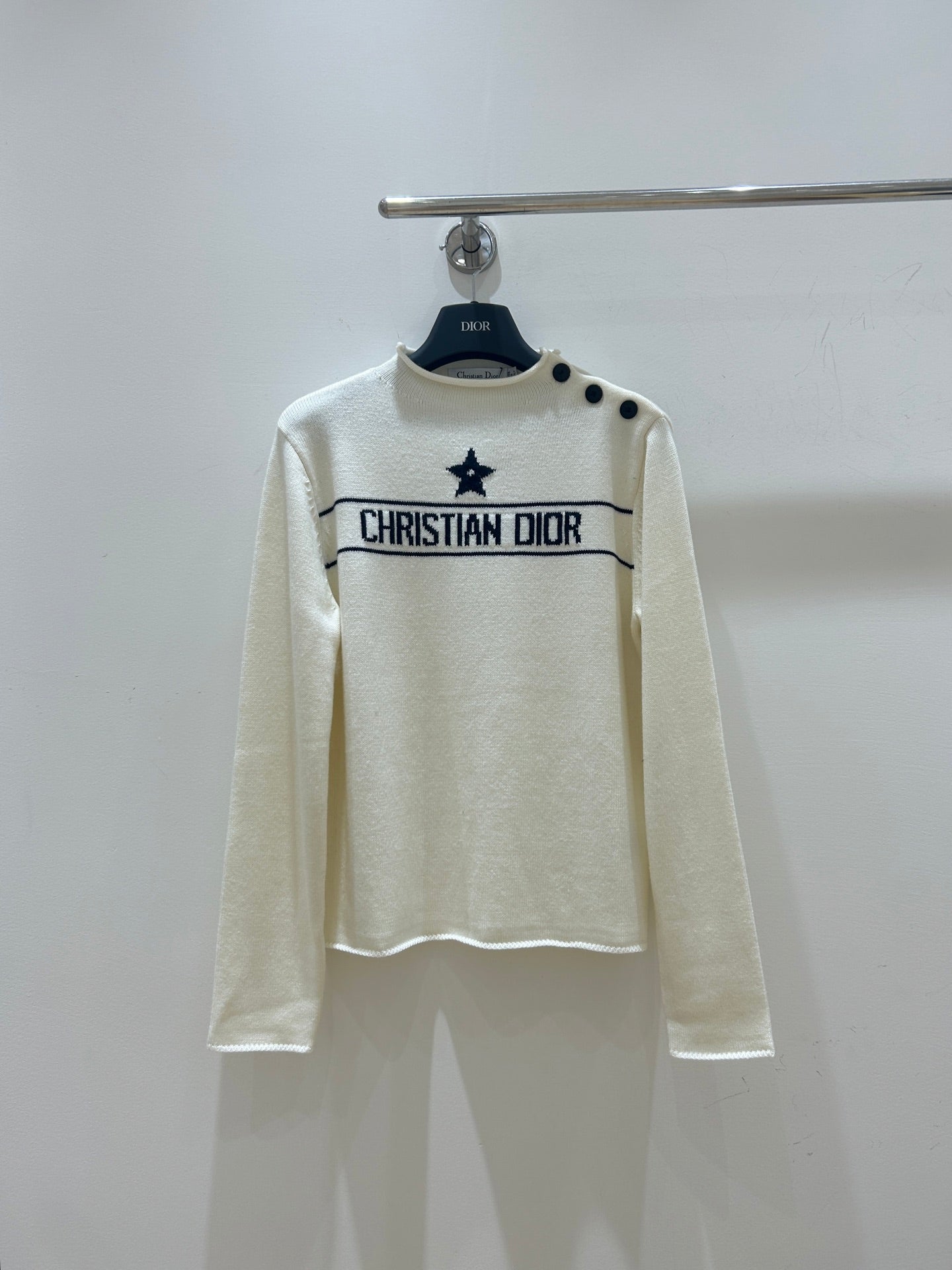 Dior 2025 Knit Sweater With Shoulder Button White and Navy Blue Wool