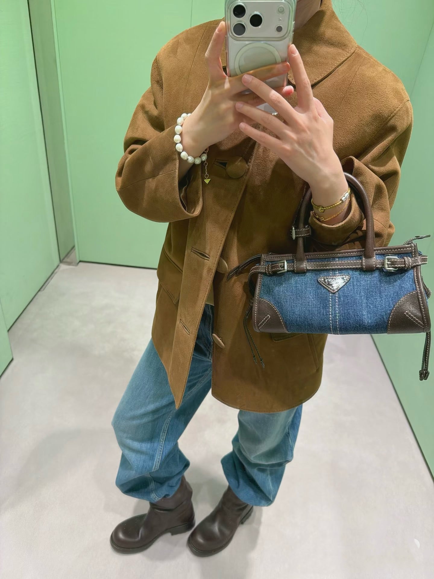 Prada 2026 Bonnie Bag 24cm Blue Brown Denim Leather