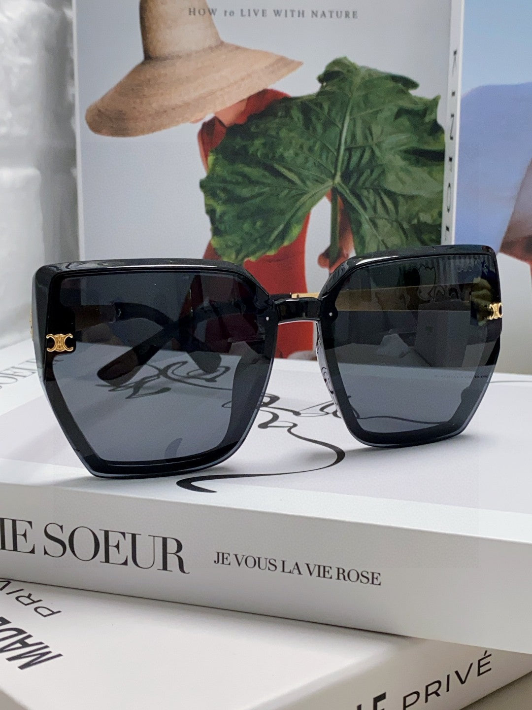 TRIOMPHE SUNGLASS 497831 IN BLACK ACETATE EMBOSSED LOGO