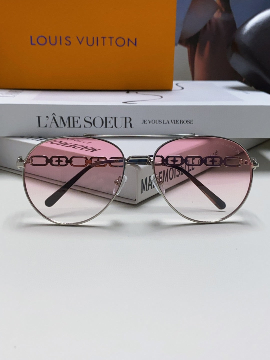 CHAIN PILOT SUNGLASS 581380 IN SILVER METAL PINK SMOKE LENSES