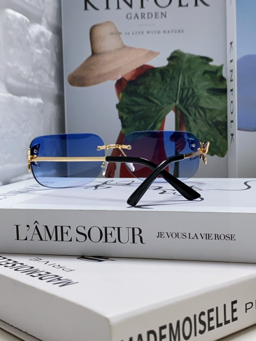 BUTTERFLY EMBELLISHED RIMLESS RECTANGULAR FRAME SUNGLASSES 570245 IN METAL