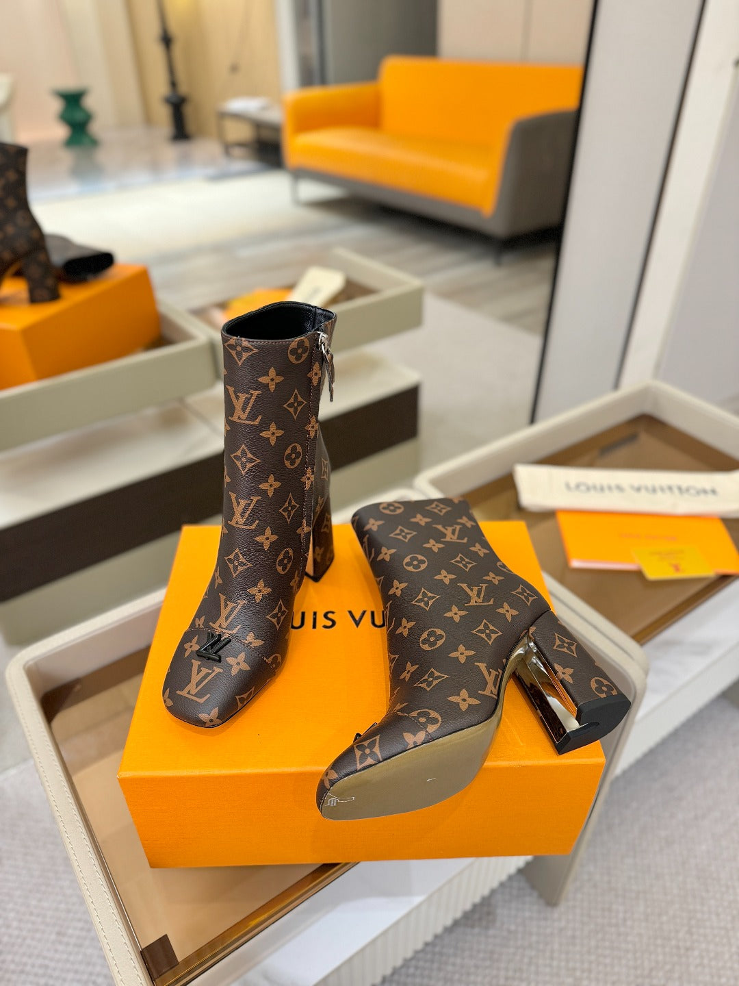 LV Ankle Boots 90 Monogram Brown Sheepskin 573714