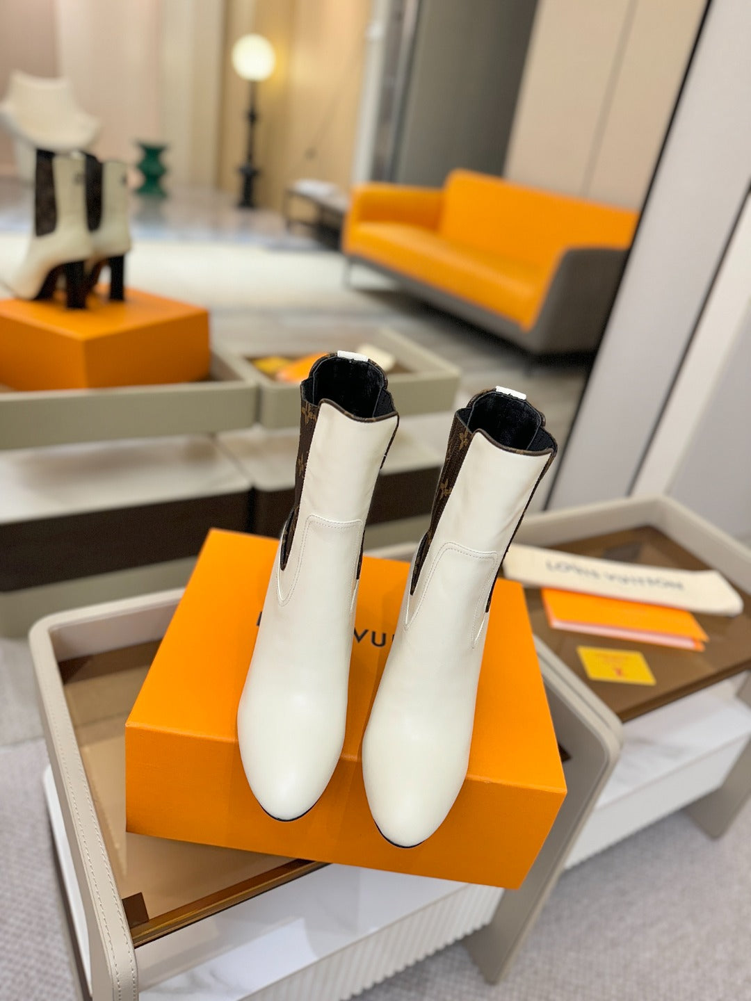 LV 25 Runway Ankle Boots 95 White Monogram Brown Calfskin 573858