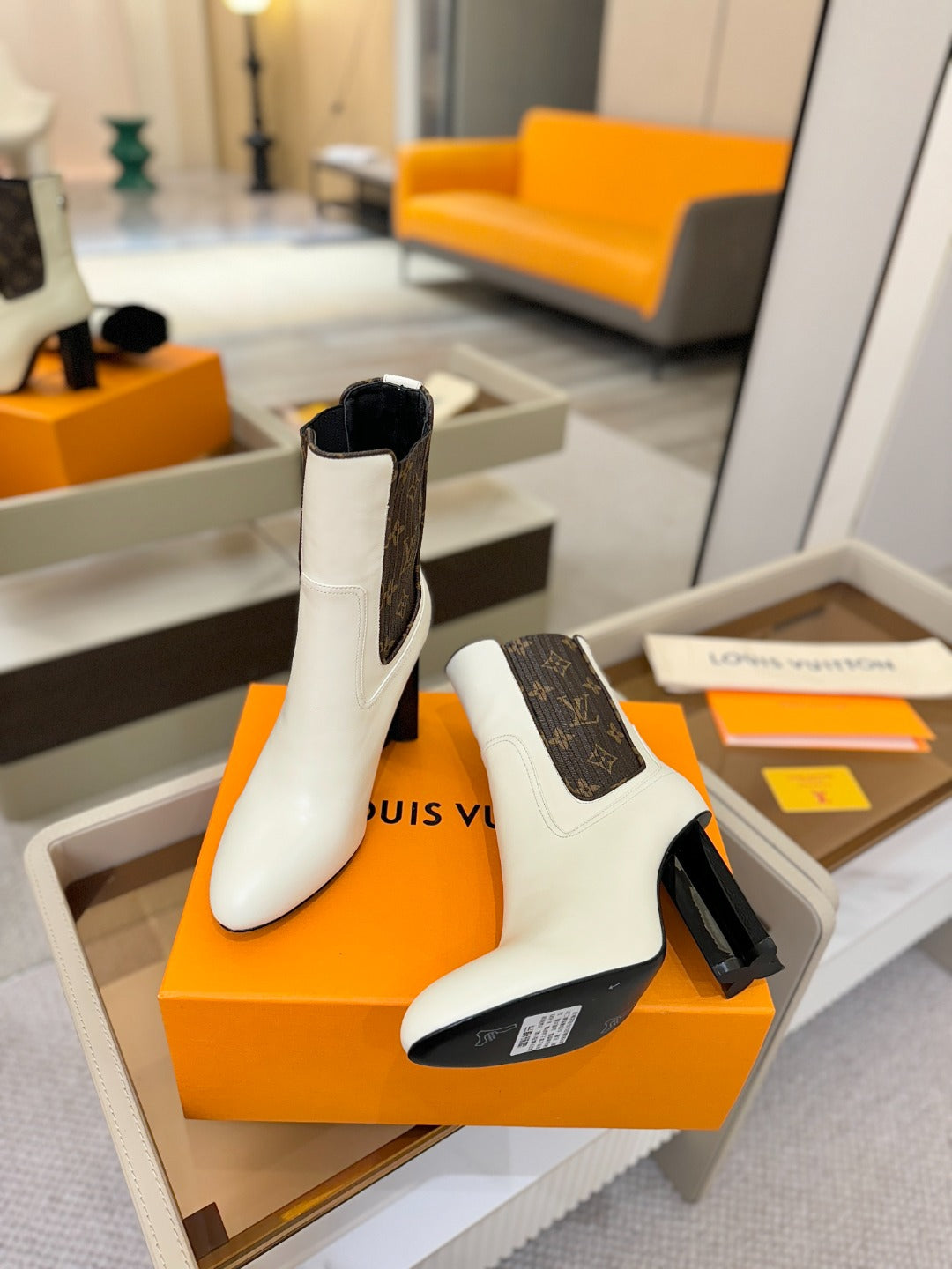 LV 25 Runway Ankle Boots 95 White Monogram Brown Calfskin 573858