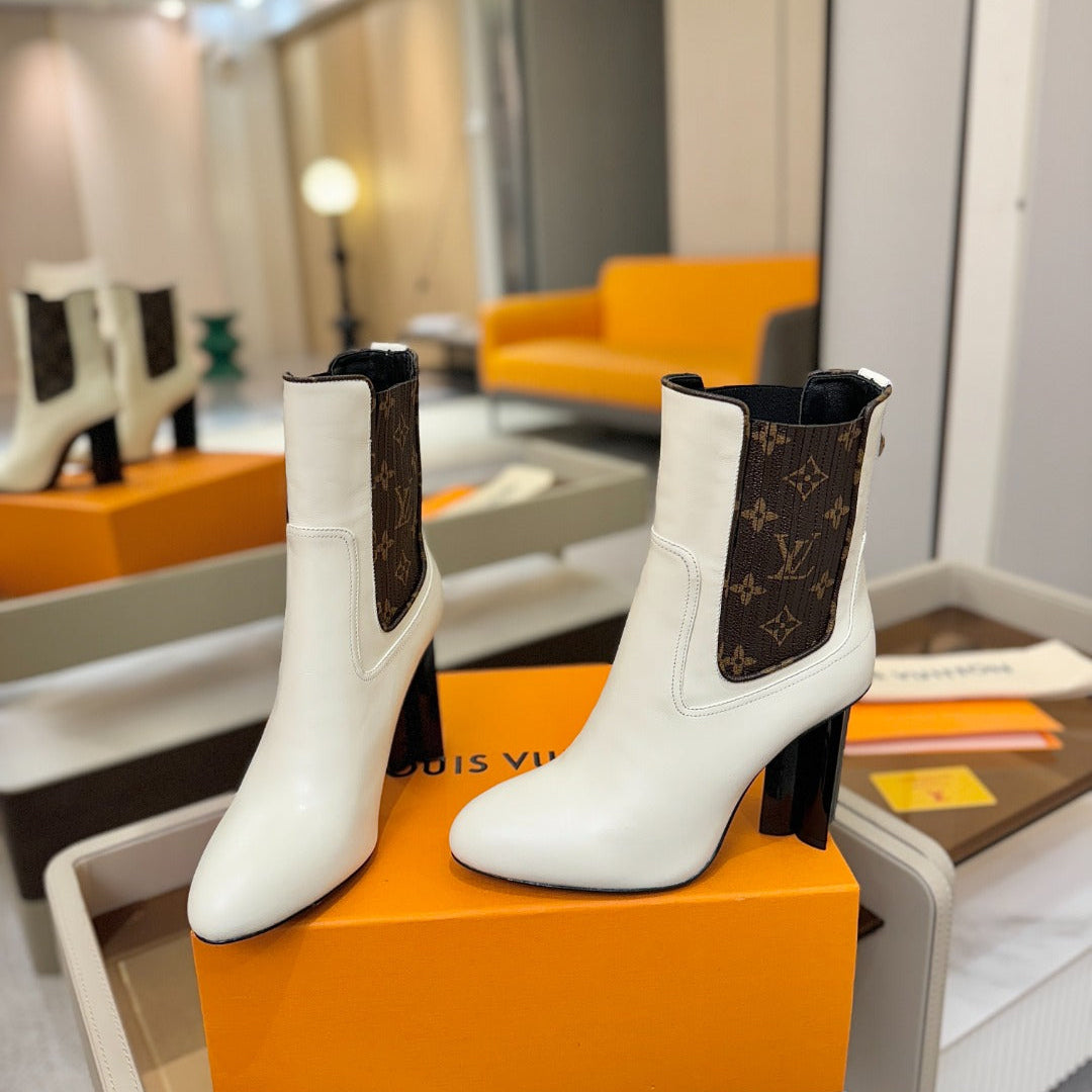 LV 25 Runway Ankle Boots 95 White Monogram Brown Calfskin 573858