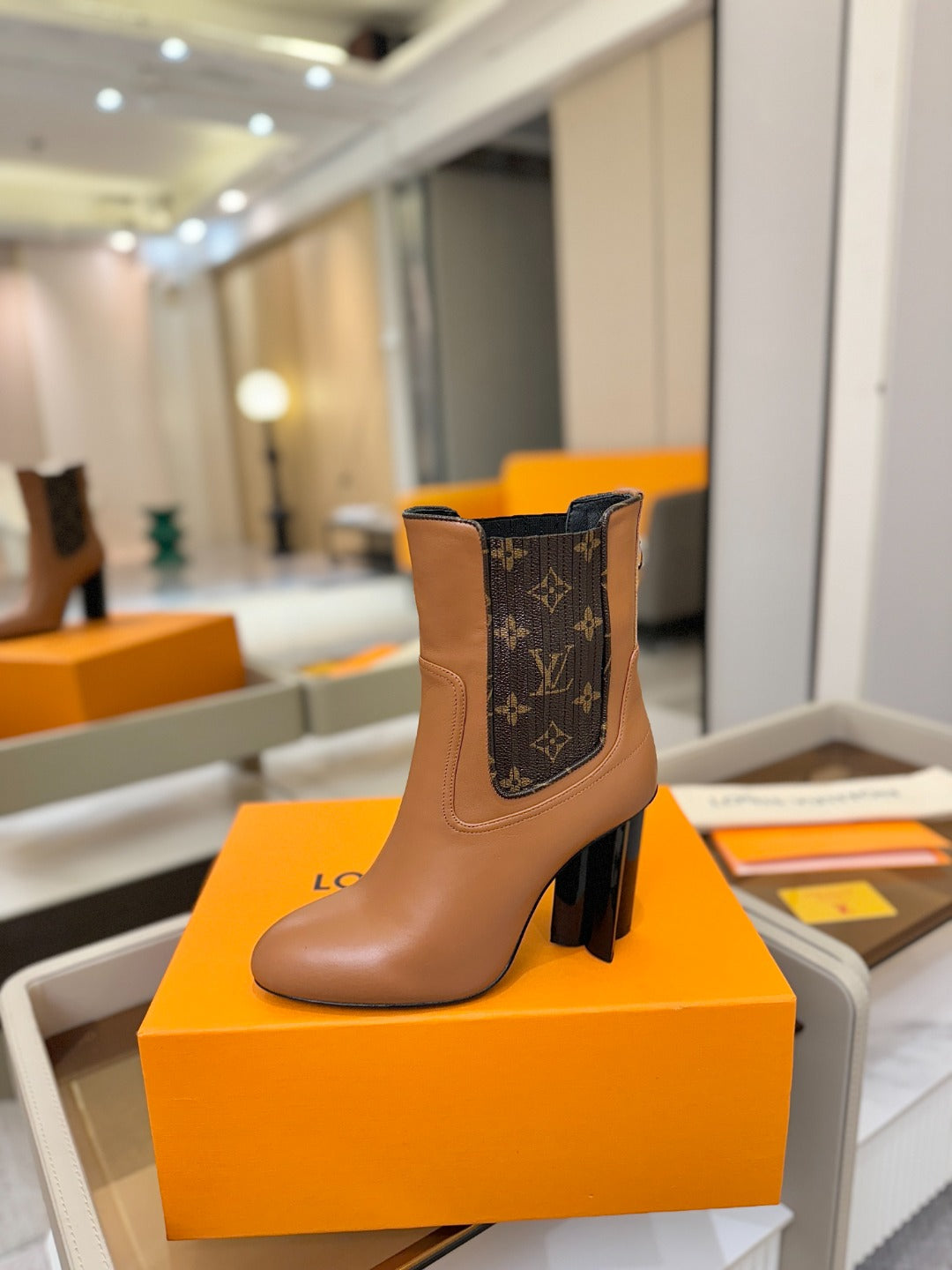 LV 25 Runway Ankle Boots 95 Tan Monogram Brown Calfskin 573860