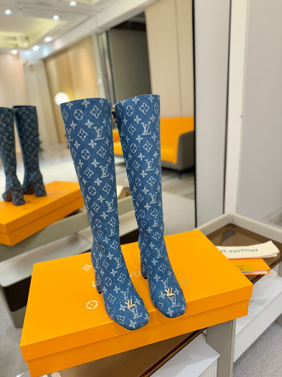 LV  High Boots 85 Monogram Blue Denim 573735