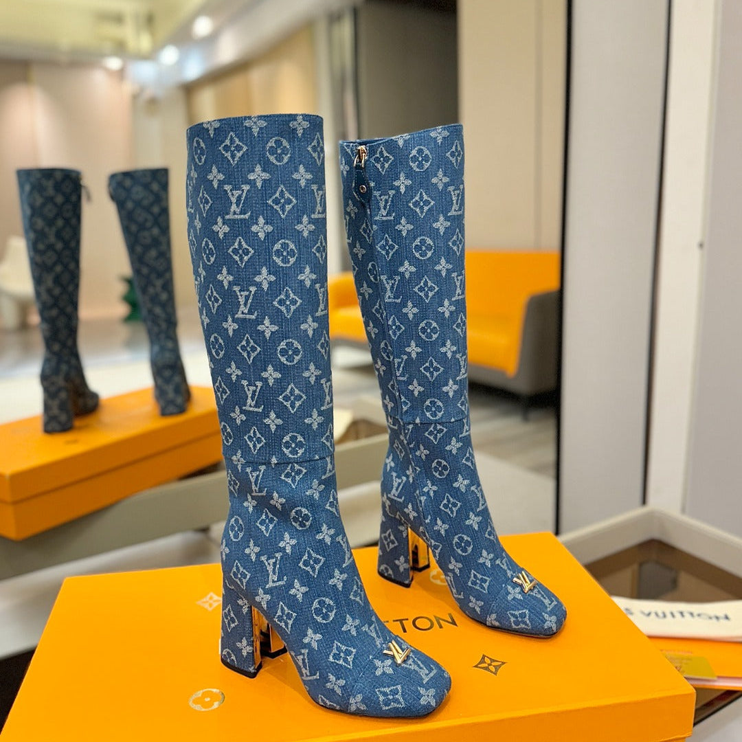 LV  High Boots 85 Monogram Blue Denim 573735
