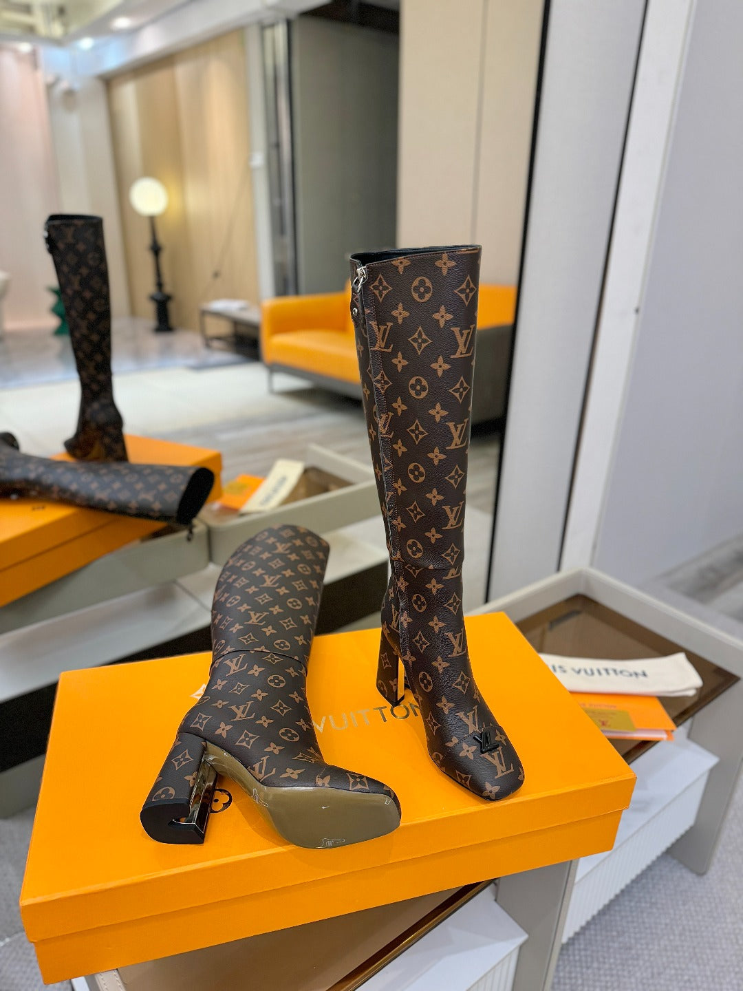 LV  High Boots 85 Monogram Brown Sheepskin 573736