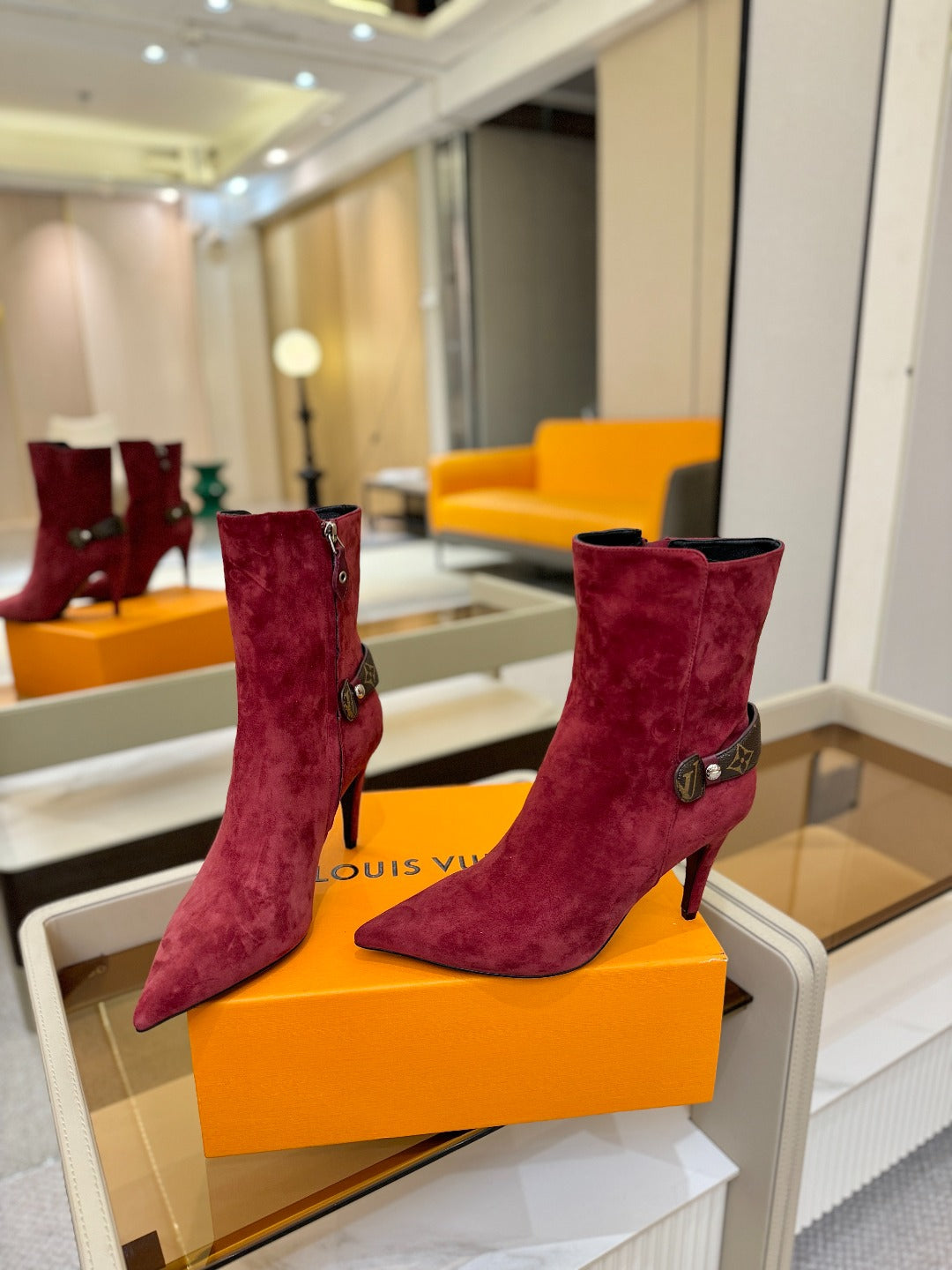 LV 25 Runway Ankle Boots 90 Wine Red Suede 573867