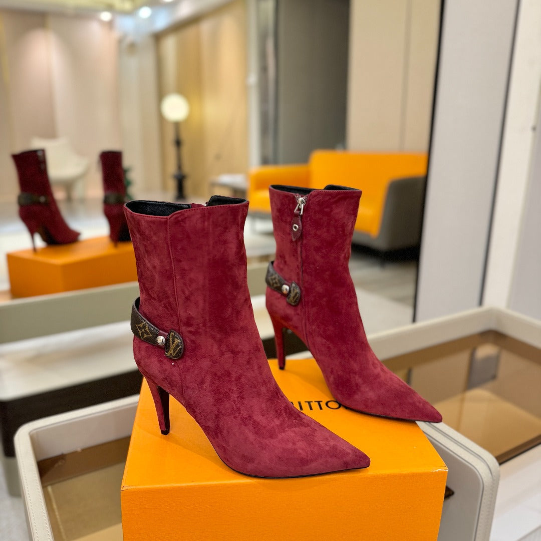 LV 25 Runway Ankle Boots 90 Wine Red Suede 573867