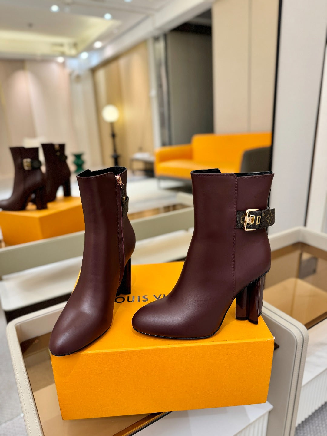 LV 25 Runway Ankle Boots 100 Dark Burgundy Calfskin Mix Belt  573868