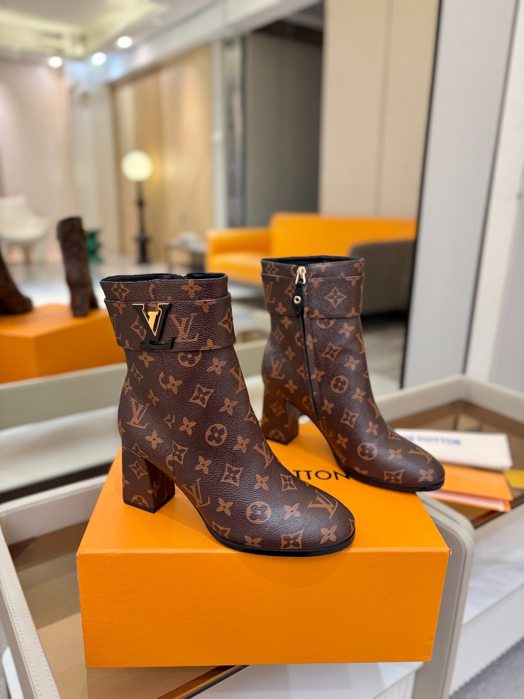 LV Ankle Boots 75 Monogram Brown Sheepskin 573729