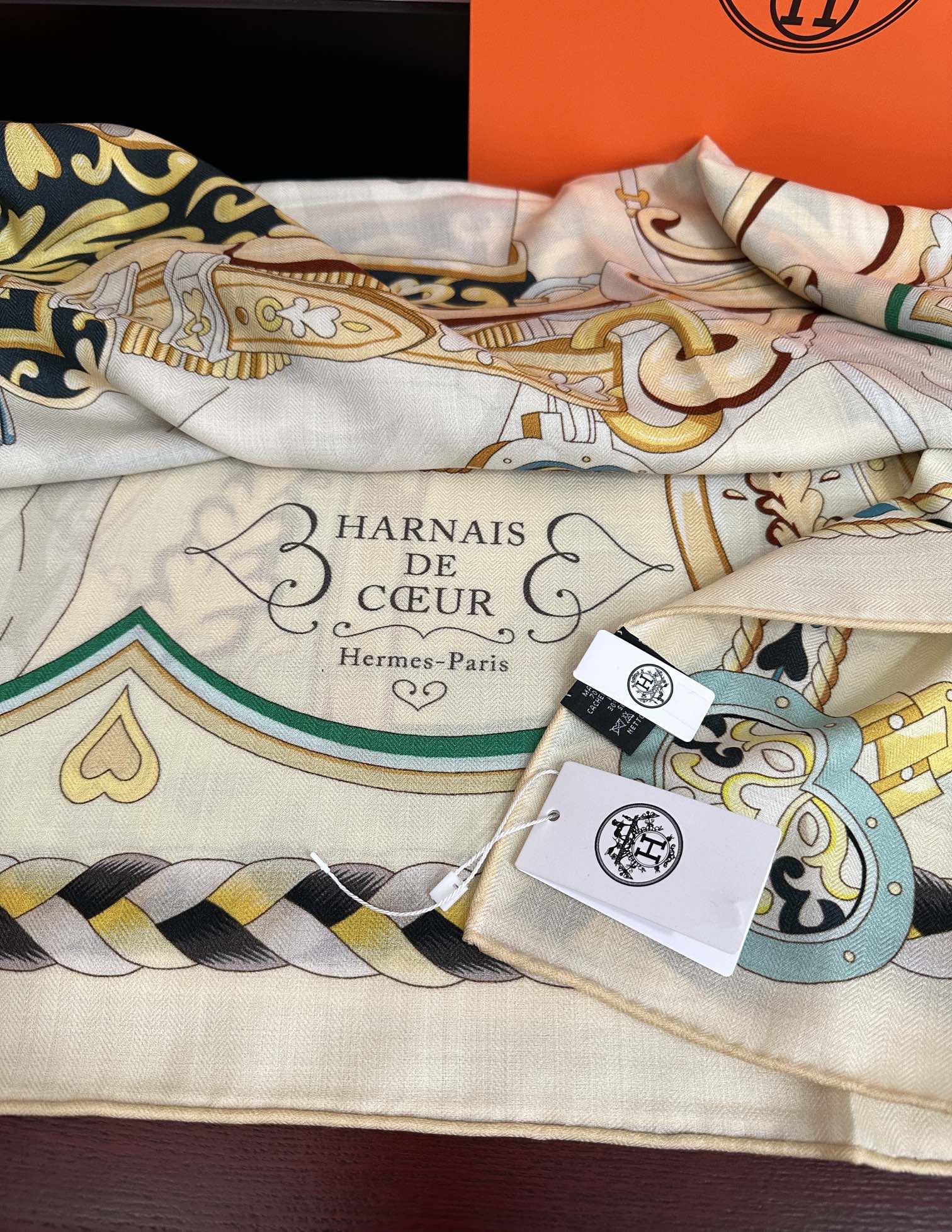 HM 25s Scarf 140cm Beige Blue Cashmere Silk 965624