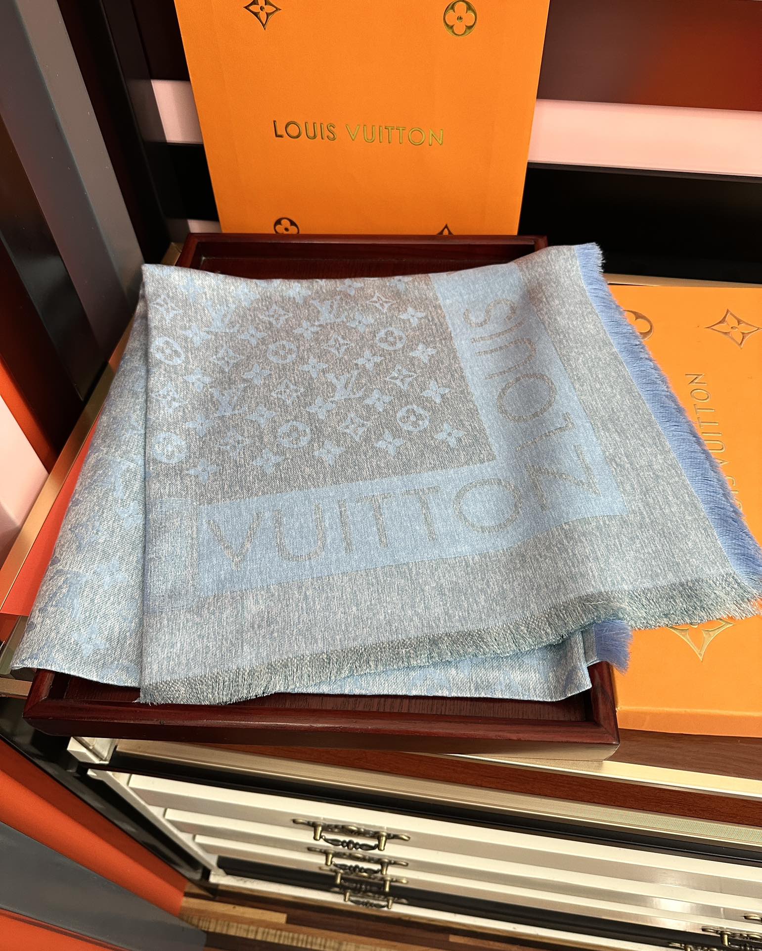 LV  Long Scarf 140cm Baby Blue Cashmere 967312