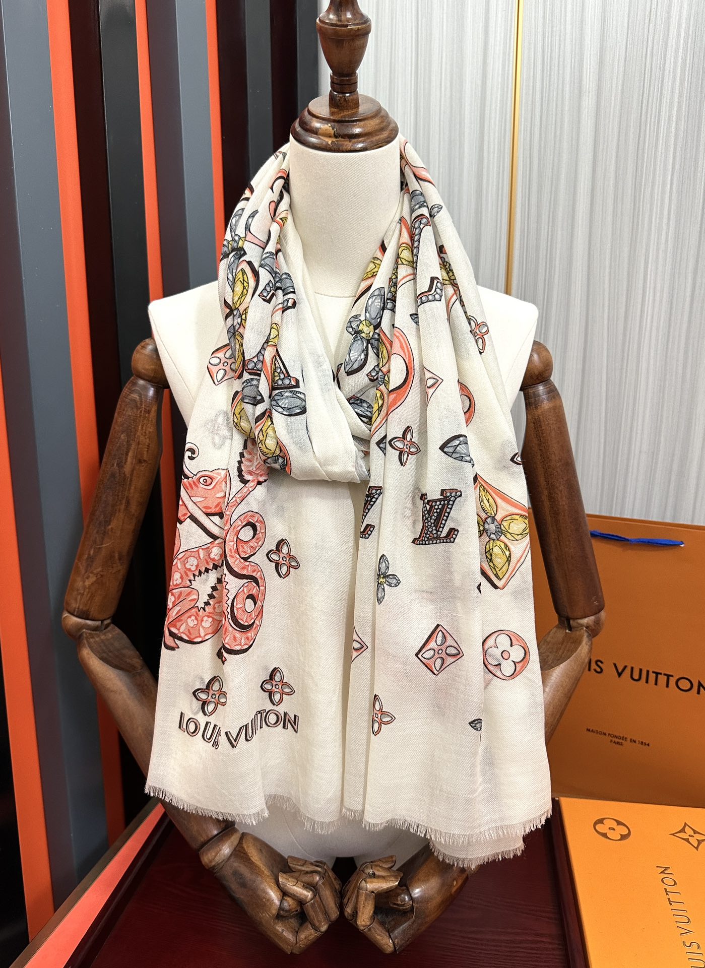 LV  Long Scarf 200cm White Pink Yellow Cashmere 967317