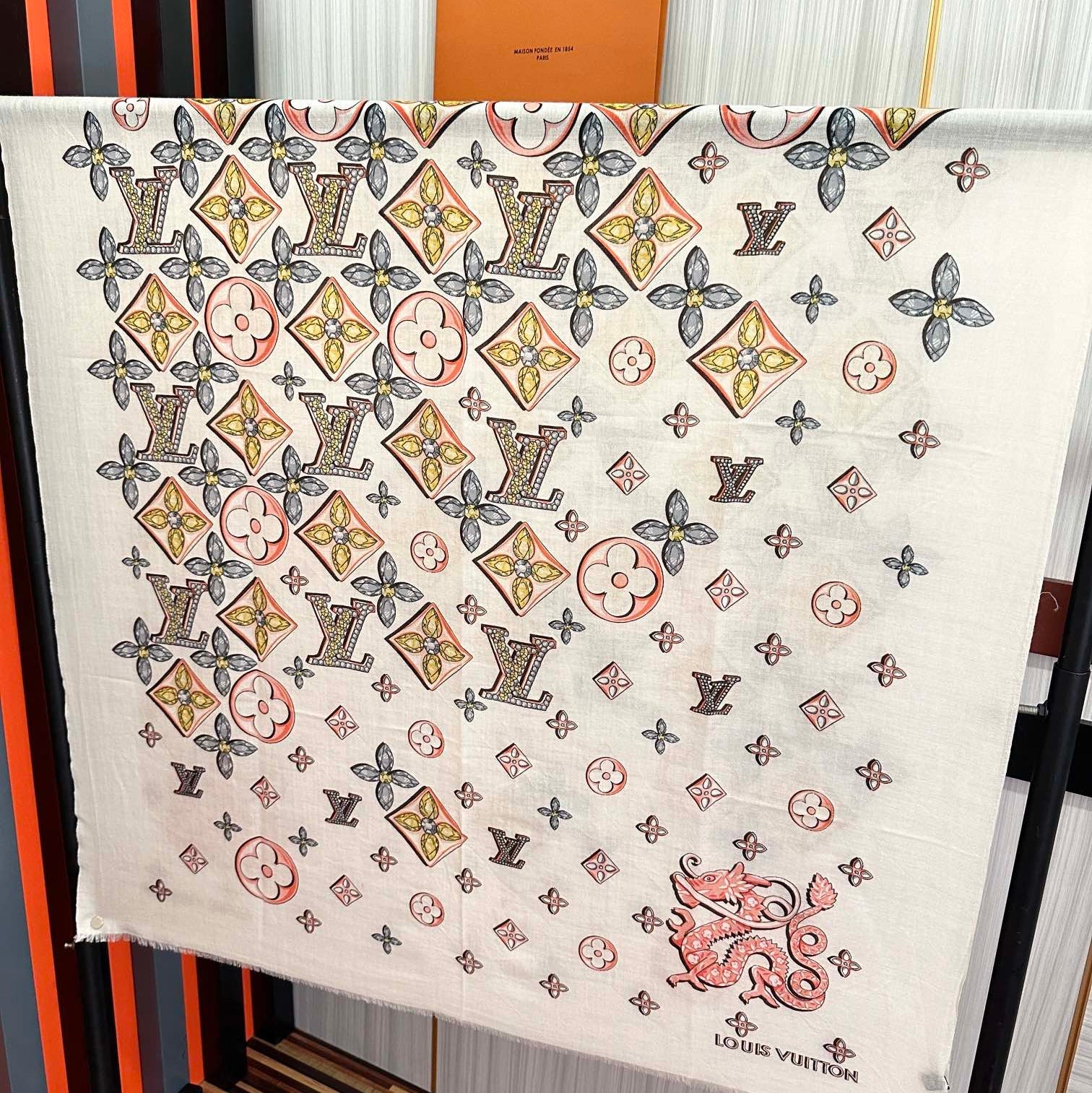 LV  Long Scarf 200cm White Pink Yellow Cashmere 967317