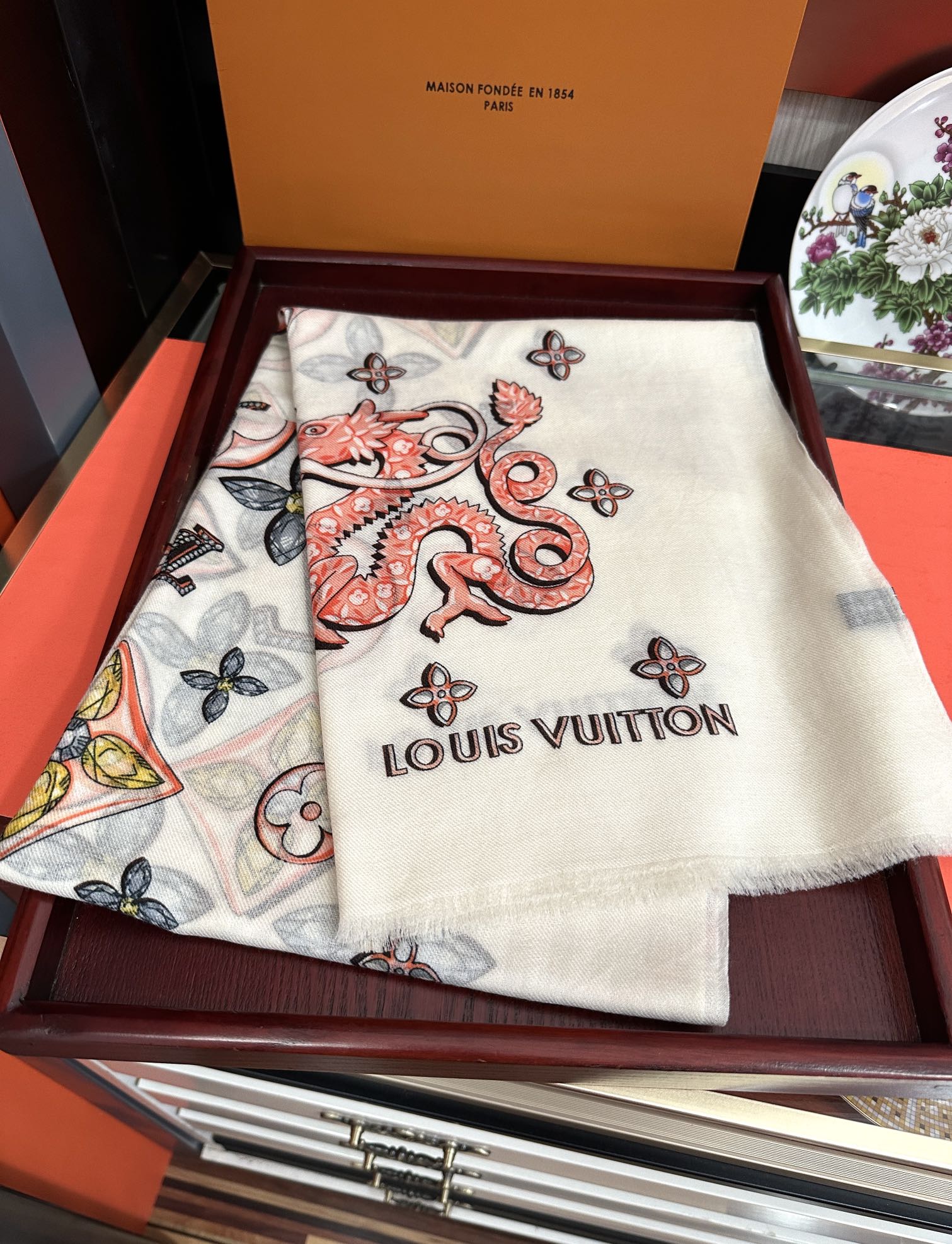 LV  Long Scarf 200cm White Pink Yellow Cashmere 967317