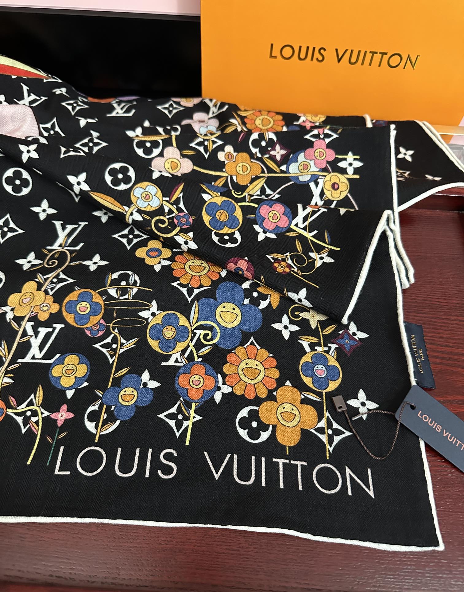 LV Double-Sided 140cm Black Colorful Silk Cashmere 967343