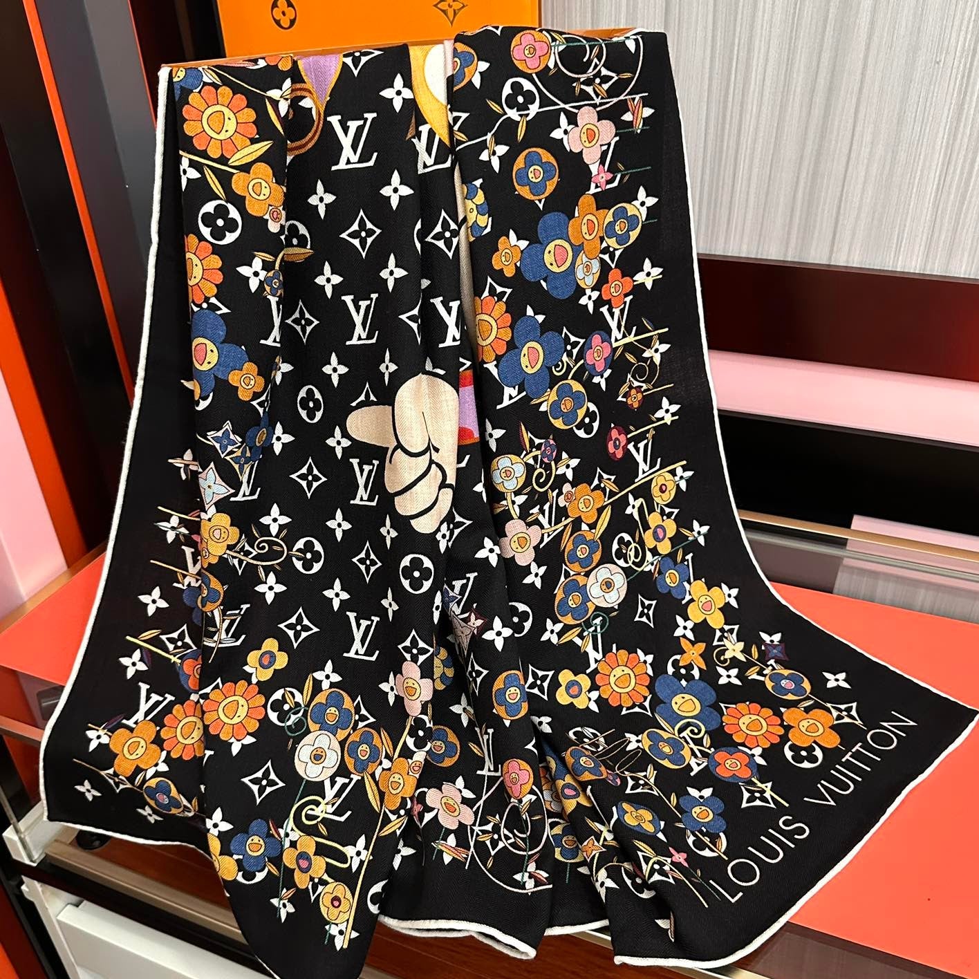 LV Double-Sided 140cm Black Colorful Silk Cashmere 967343