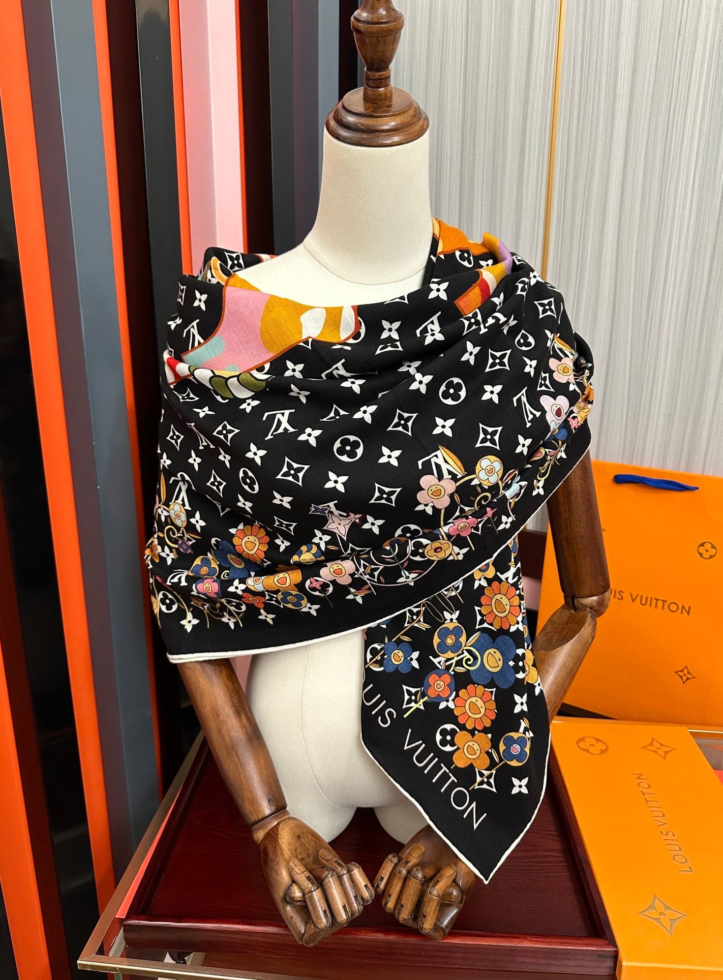 LV Double-Sided 140cm Black Colorful Silk Cashmere 967343