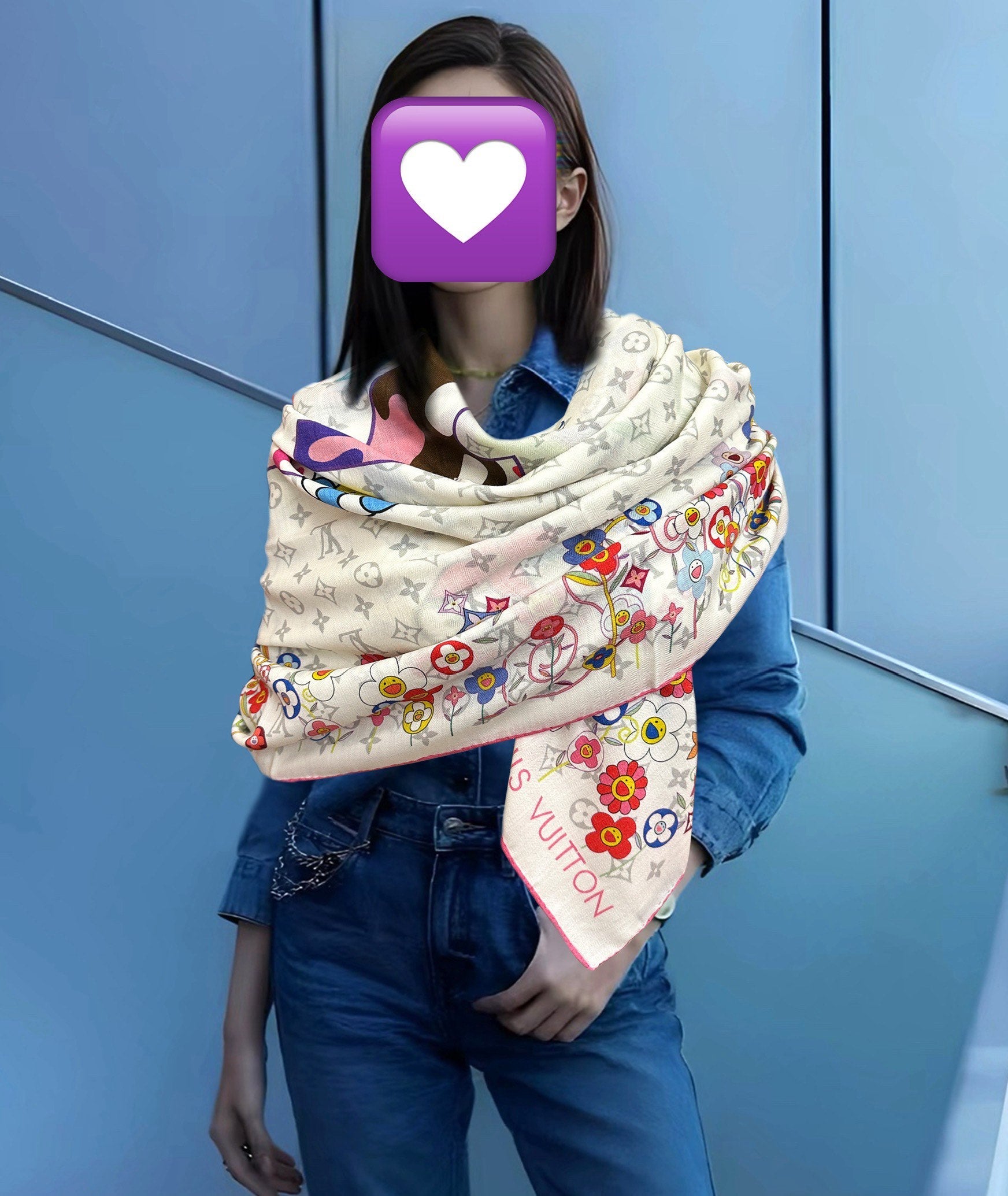 LV Double-Sided 140cm White Colorful Silk Cashmere 967344