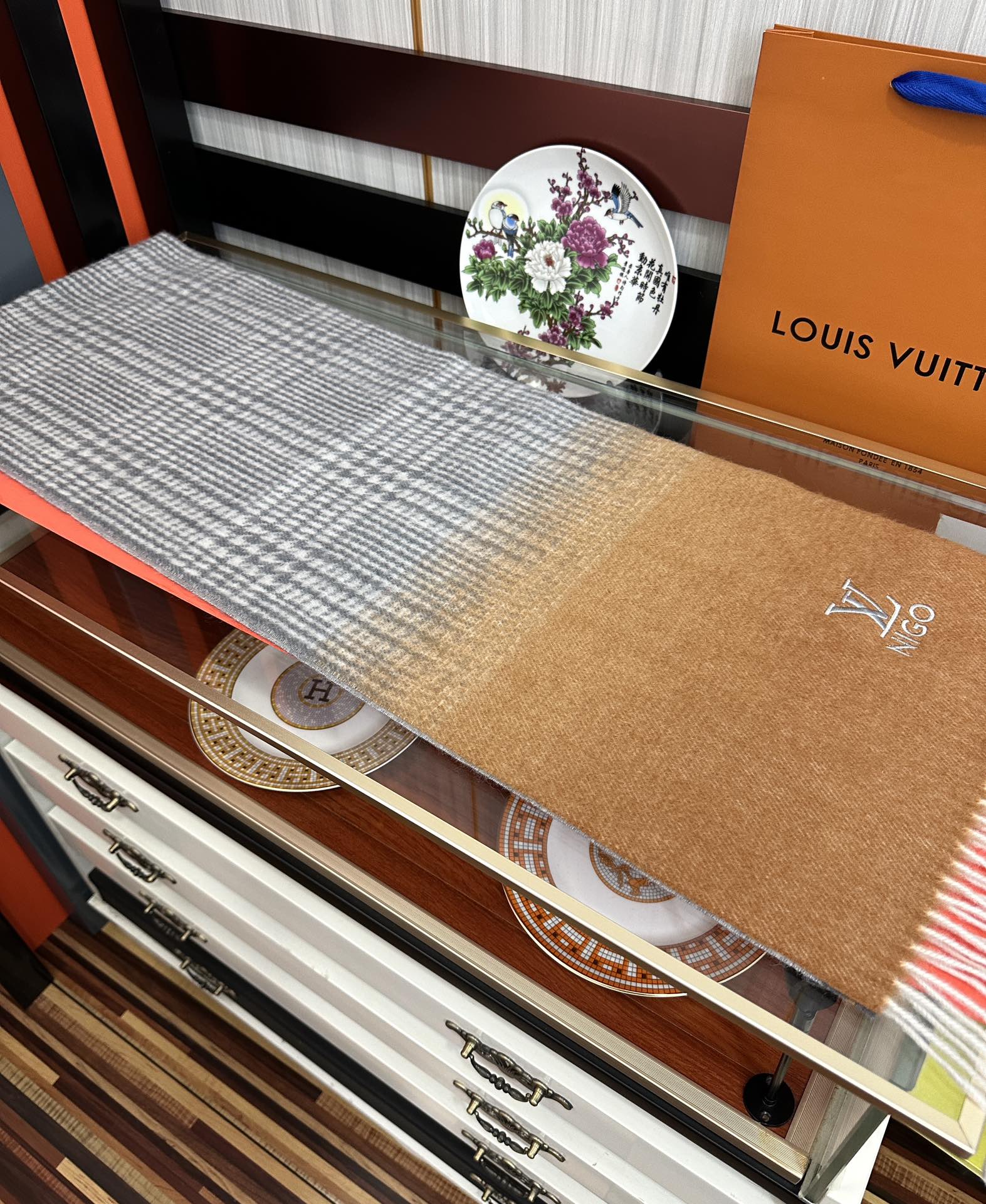 LV Double-Sided Shawl Scarf 200cm Black Brown Cashmere 968695