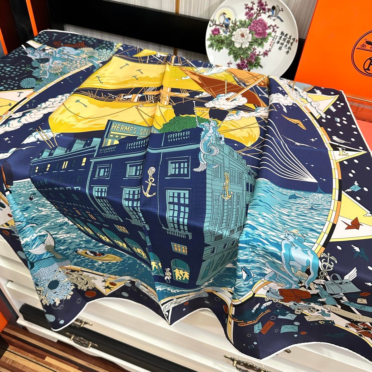 HM 25s Major Scarf 90cm Blue Yellow Cashmere 972936