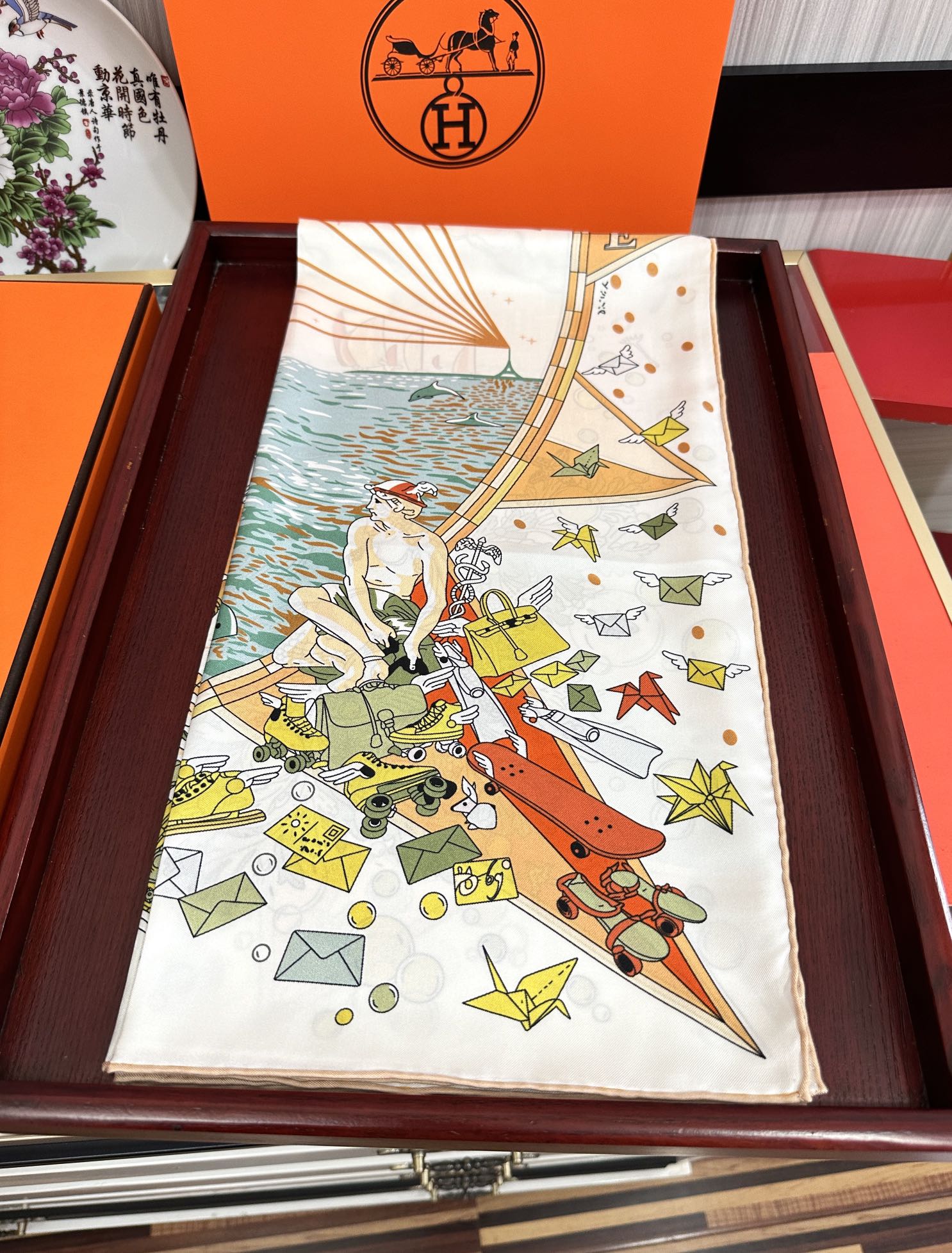 HM 25s Major Scarf 90cm Orange Beige Blue Cashmere 972937