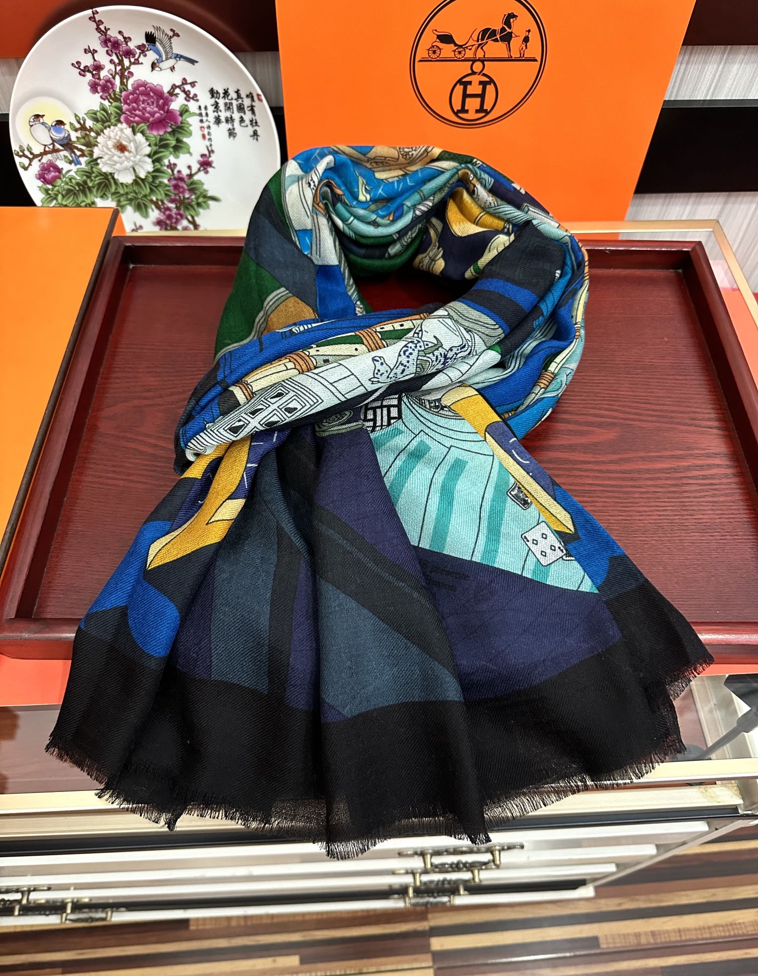HM Newest Design Scarf 200CM Blue Black Cashmere 976448