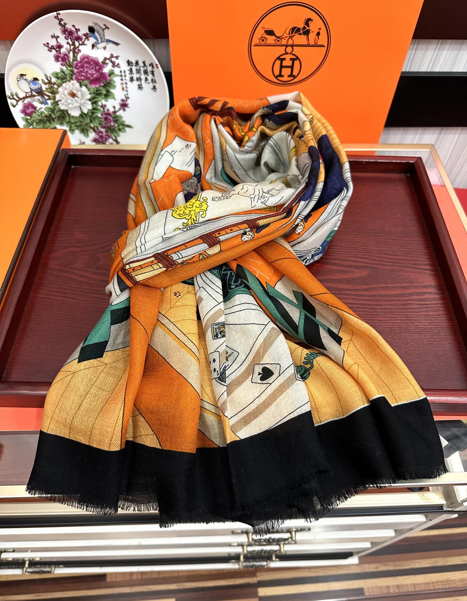 HM Newest Design Scarf 200CM Orange Beige Black Cashmere 976449