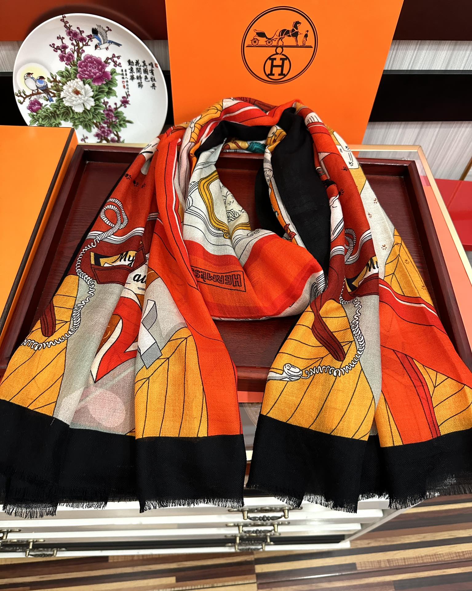 HM Newest Design Scarf 200CM Orange Black Cashmere 976450