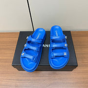 dad sandals blue triple strap lambskin mules