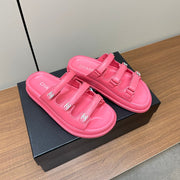 dad sandals dark pink triple strap lambskin mules
