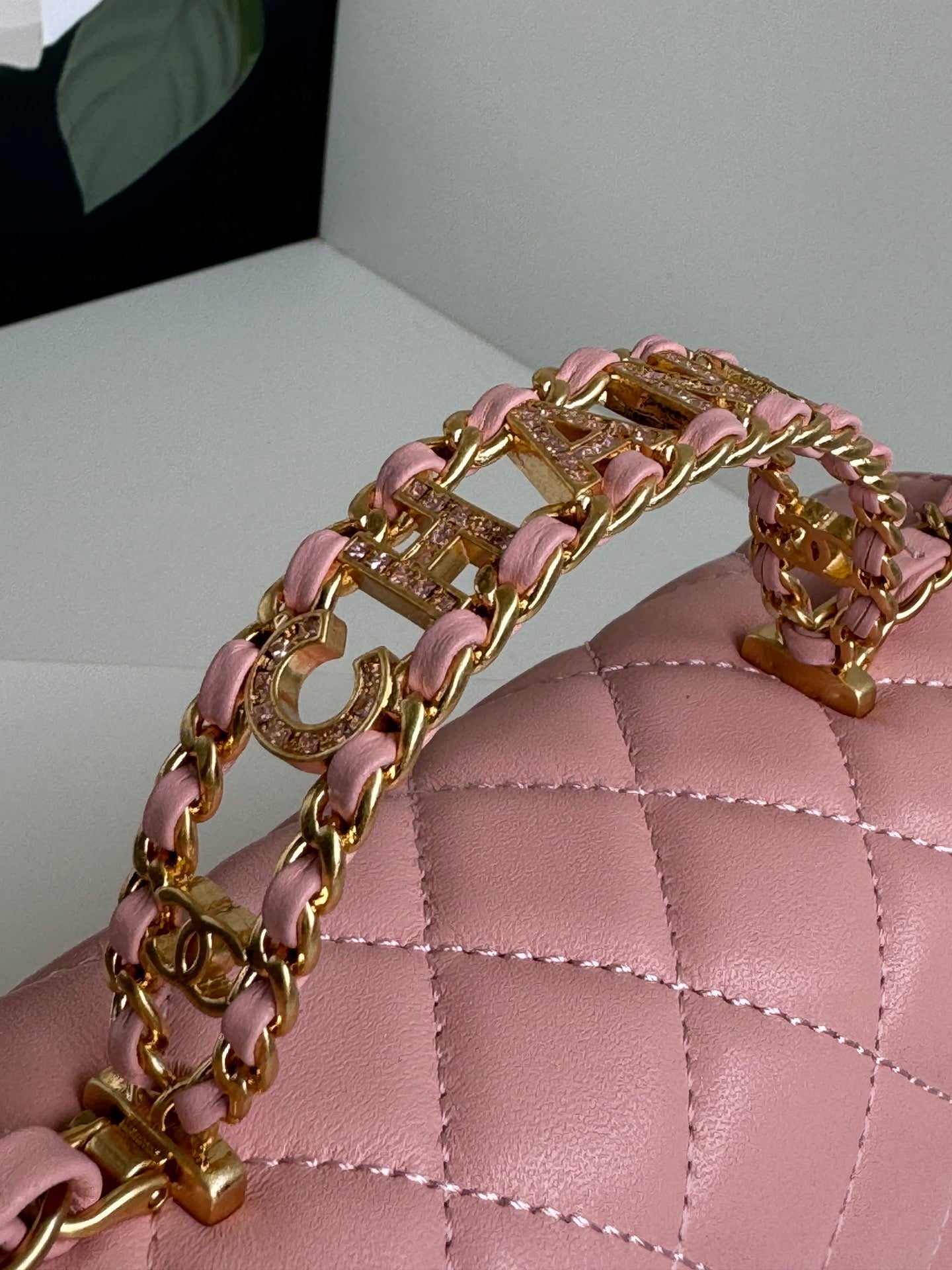 24c mini flap bag 20cm with top handle pink lambskin