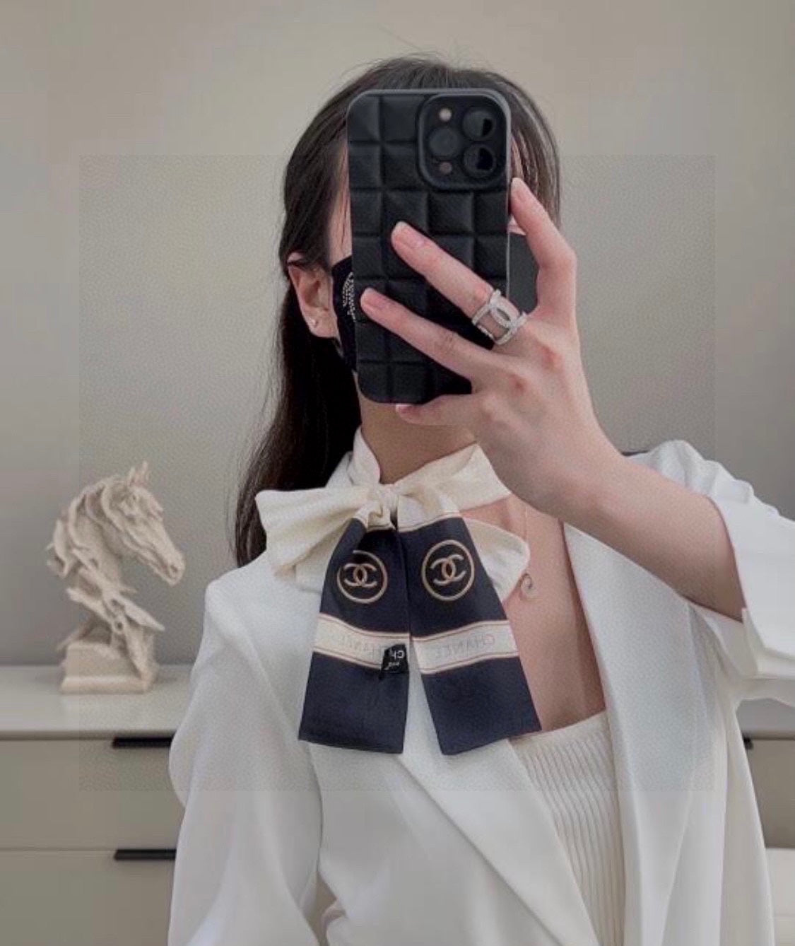 CC  Twilly Mini Scarf 120cm White Navy Blue Mulberry Silk 802158