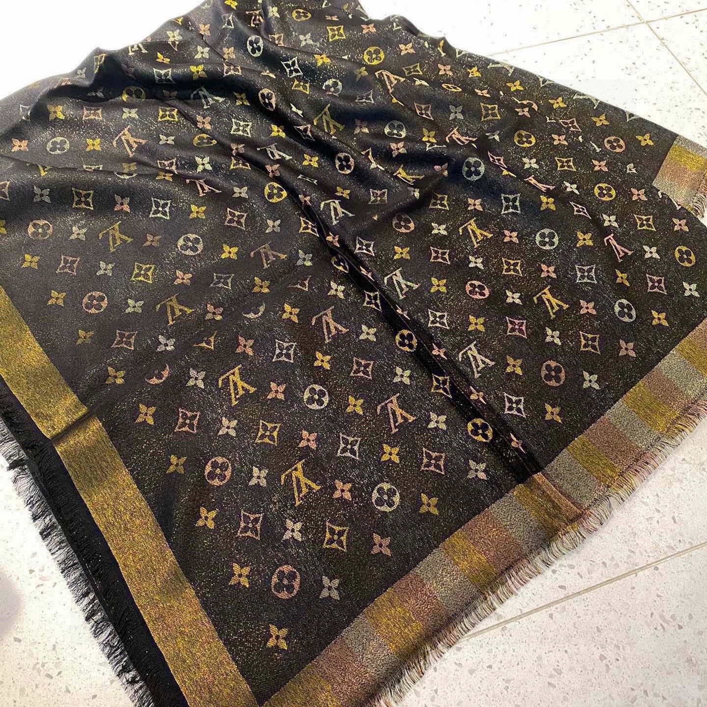 LV Monogram Scarf 140cm Black Beige Silk and Wool 967231