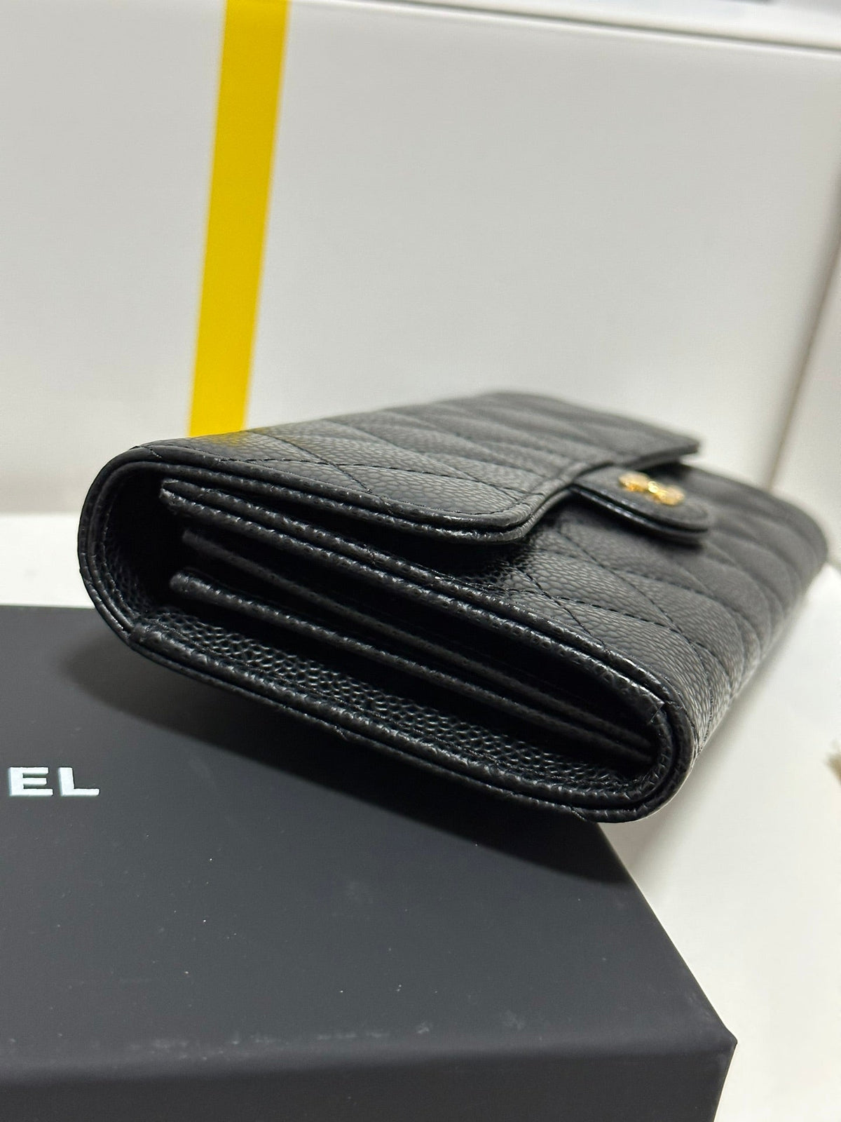CC Classic Long Flap Wallet Black Quilted Caviar Gold Buckle 243676