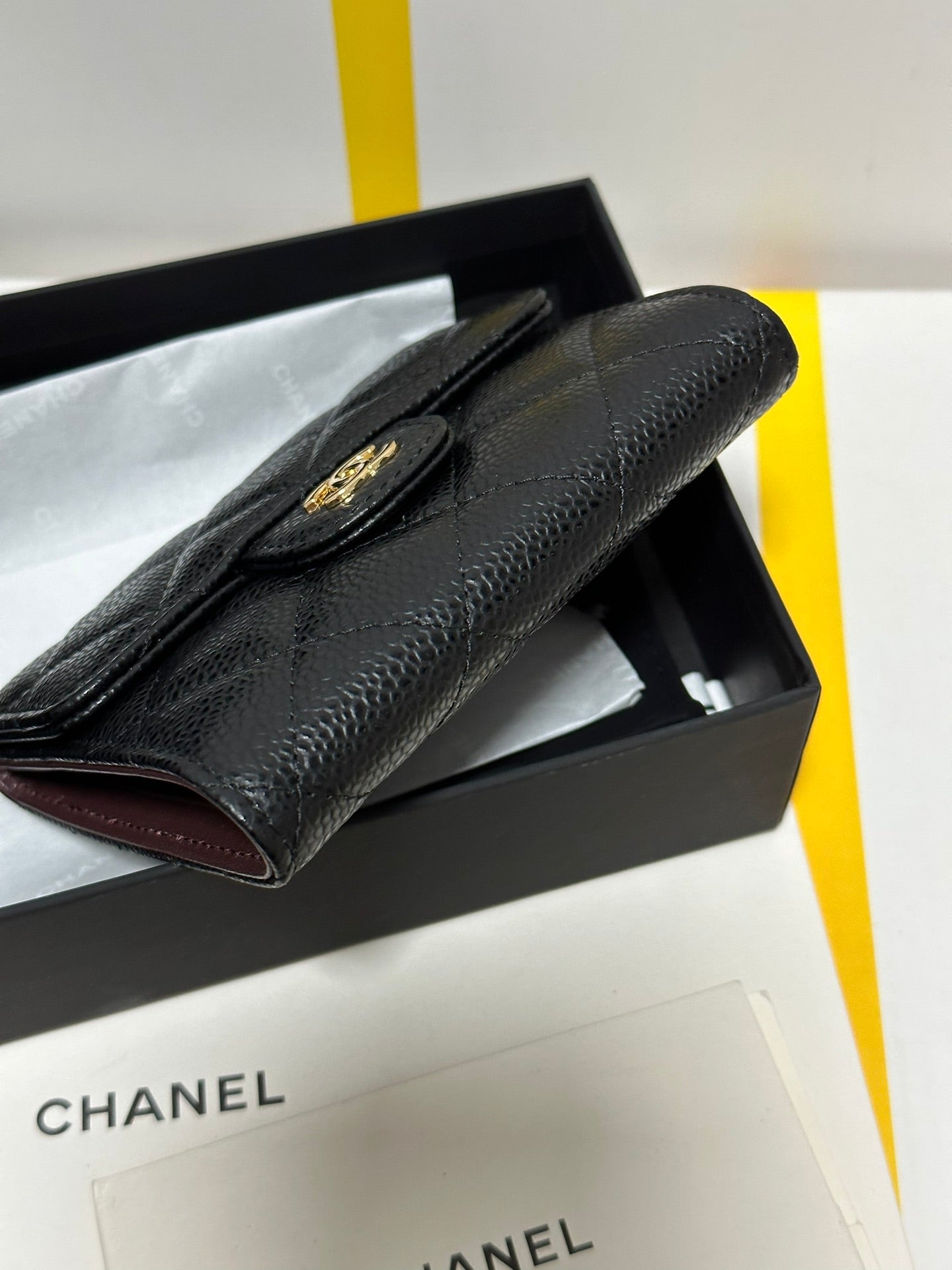 CC CClassic Small Flap Wallet Black Quilted Caviar Gold Buckle 243686