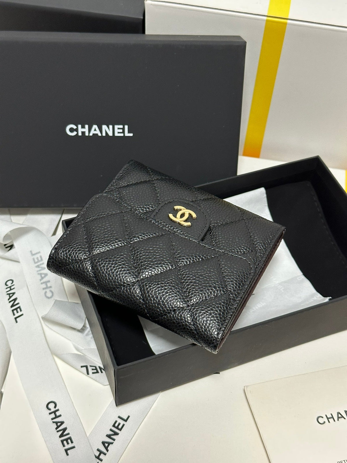 CC CClassic Small Flap Wallet Black Quilted Caviar Gold Buckle 243686