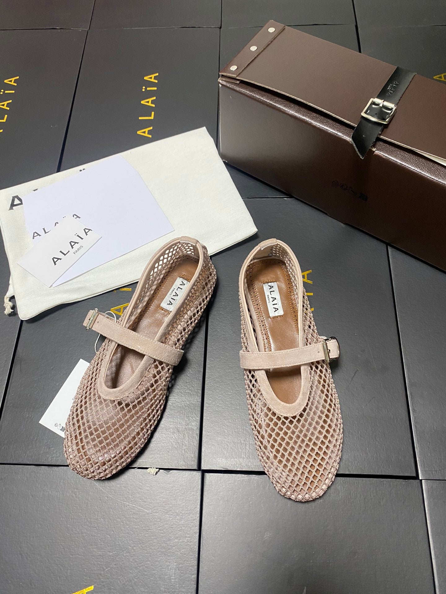 Alaia 2026 Laminated Fishnet Ballet Flats Beige Suede Mesh 361163